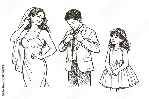 Bride, groom, and flower girl getting ready for a wedding, vector illustration