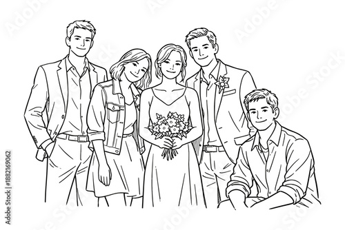 Group of friends posing for a wedding photo, bride holding bouquet, line art illustration