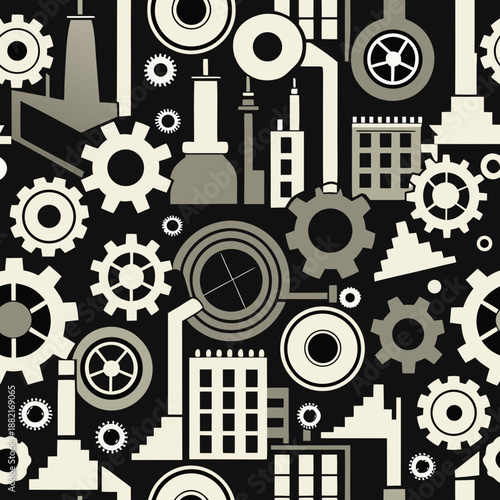 Title: A detailed of mechanical gears and industrial combined with architectural structures on a