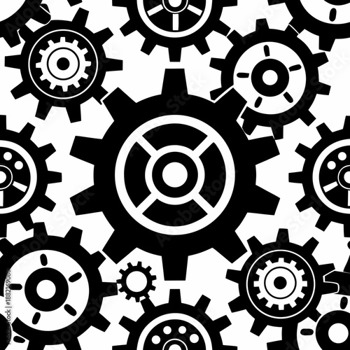 Title: A black and white pattern of interlocking gears with varying sizes and