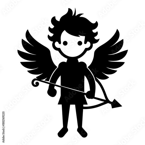 Title: A black and white of a cartoon cupid with wings and a bow and arrow quiver