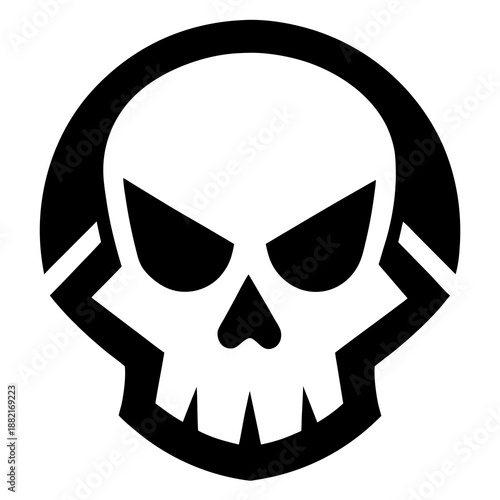 Title: Black and white of a stylized skull with sharp teeth and hollow eyes