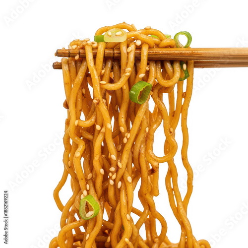 Noodles held by chopsticks isolated on transparent background 