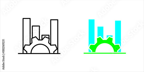 Minimal line icon set. illustrating industrial buildings with a gear, representing manufacturing, production processes, and industrial automation.