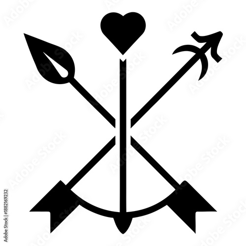 Title: A black and white of a heart with two arrows crossed behind it cupid