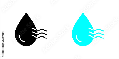Minimal line icon set. of a water drop with flowing air lines, representing humidity, freshness, purification, and environmental airflow.