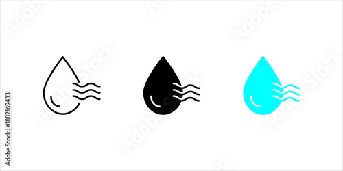 Minimal line icon set. of a water drop with flowing air lines, representing humidity, freshness, purification, and environmental airflow.