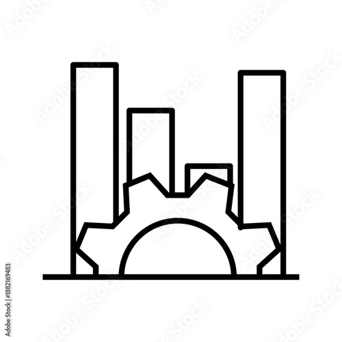 Minimal line icon set. illustrating industrial buildings with a gear, representing manufacturing, production processes, and industrial automation.