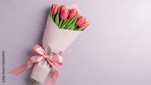Mothers day bouquet of pink tulips with ribbon background
