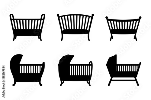collection of different styles of baby cribs silhouettes . Isolated on transparent background