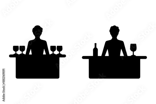 silhouette of bartender serving with bar counter and bottle of wine  . Isolated on transparent background