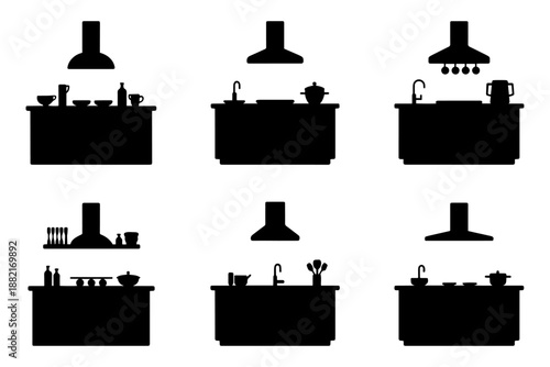 silhouette kitchen design with countertop and equipment  . Isolated on transparent background