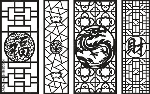 Black and white intricate jali patterns with geometric and dragon