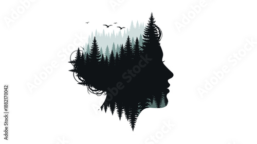 Double Exposure Silhouette of Human Head Profile.
