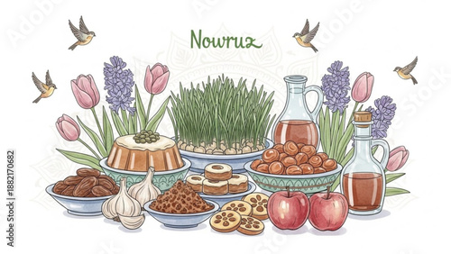 Nowruz celebration with traditional food and flowers arrangement