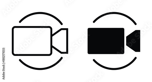 Black and White Video Camera Icons with Circle for Recording and Streaming Media in Minimalist Design Perfect for Application and Website Button and Graphic Resource