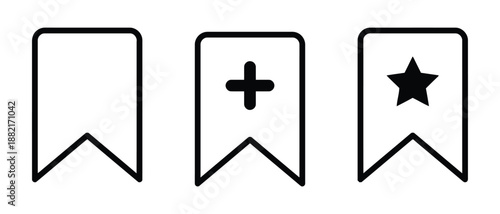 Bookmark icon set featuring blank design plus sign and star symbol for saving favorite page marking importance exactly two hundred characters in length