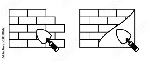 Brick Wall with Trowel Icon Set Building Construction Symbol Masonry Tool Sign Bricklaying Element Plaster Repair Renovation Outline Solid Style Graphic Collection