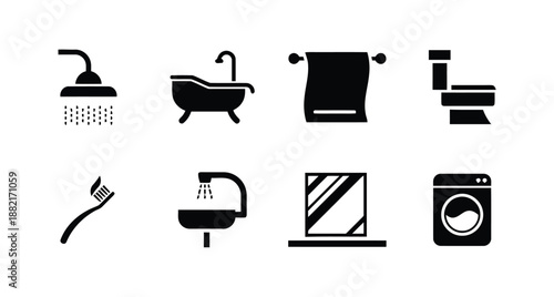 Bathroom Equipment Set Featuring Shower, Bathtub, Towel, Toilet, Toothbrush, Washbasin, Mirror and Washing Machine, Hygiene and Personal Care Elements for Interior Design and Decoration