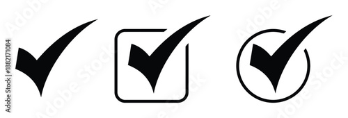 Check mark icons collection in black color showing approval verification success and completed task symbols for web user interface design and mobile application navigation elements on white background