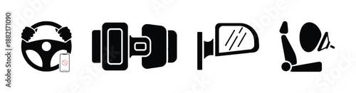 Car Safety Symbol Seat Belt Side Mirror Airbag Icon Traffic Regulations Road Rules Drive Carefully Vehicle Control Attention on Road Car Driver Silhouette Black 200x