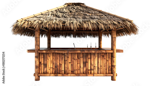 A rustic outdoor bar constructed with bamboo, featuring a thatched roof, perfect for tropical settings