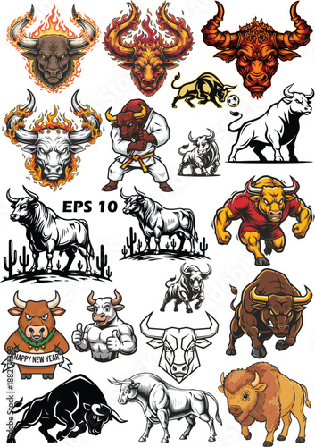 Massive Bull Mascot and Illustration Collection. Vector Set of Fiery Bulls, Karate Fighter, Charging Buffalo, Cartoon Characters, and Geometric Line Art for Sports Branding and Gym Logos