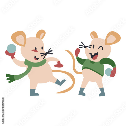 Winter animal character mice play snowballs color