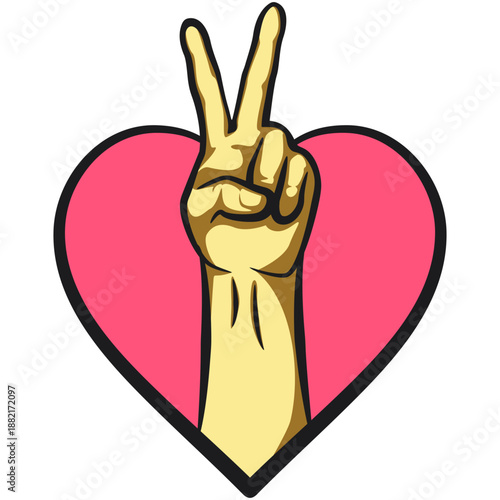 peace sign hand gesture inside heart shape love vector icon, work of hand drawn