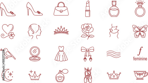Feminine Beauty and Luxury Fashion Icon Set