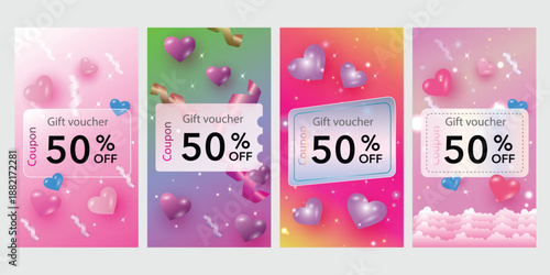 Set of 4 Valentine's Day sale banners. Vertical 50% off gift voucher templates with 3D glossy hearts. Mobile, retail, promotion discount backgrounds for shopping. vector for romantic seasonal sales.