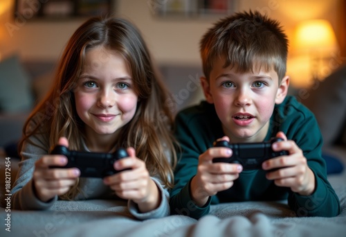 Kids: A boy and girl are happily spending time together playing a video game. With controllers in hand, they are completely engrossed in the game. Close-up