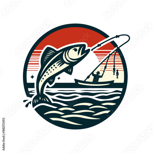 A fisherman joyfully reeling in a leaping trout against a vibrant sunset backdrop