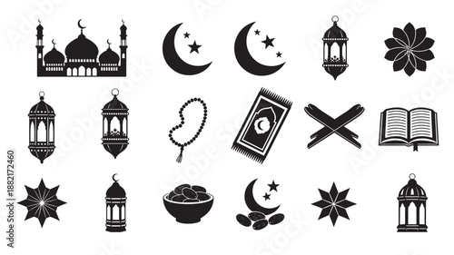 Islamic Symbols and Icons in Simple Black Silhouette on White Background for Cultural and Religious Themes