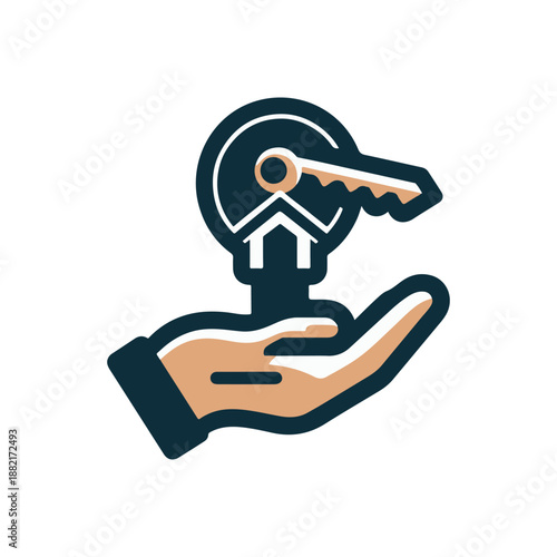 A hand holding a key symbolizing home ownership and real estate transactions, with a circular design
