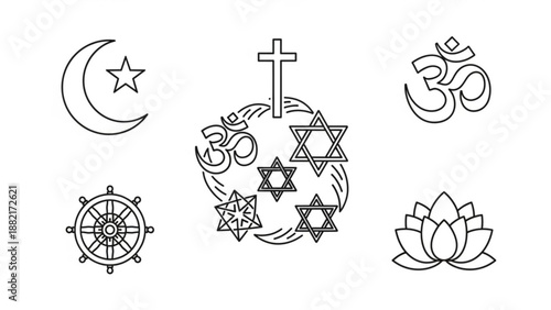 Diverse religious symbols on white background for cultural and faith concepts