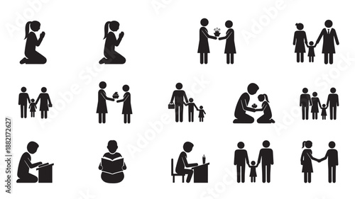Family Silhouettes in Various Interactions with Simple Black Design for Icon Set in Flat Style on White Background for Web Graphics
