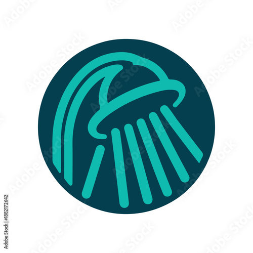 A modern shower head design with flowing water, set against a dark circular background for bathroom decor