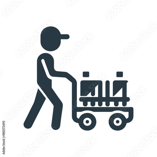 A person pushing a cart loaded with containers in a minimalist urban environment