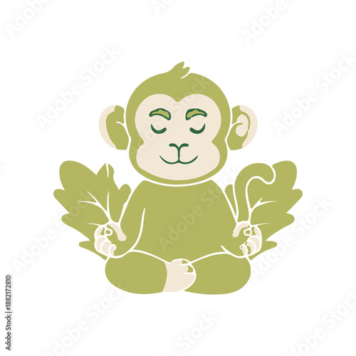 Photography A serene green monkey meditating peacefully among lush foliage, embodying tranqu