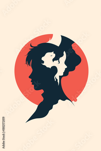 Surreal inner child silhouette art: adult male profile with child and cat faces in coral orange circle on beige background vector design