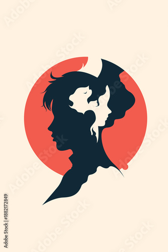 Surreal inner child silhouette art: adult male profile with child and cat faces in coral orange circle on beige background vector design