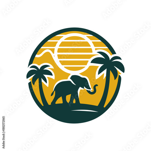 A serene sunset silhouette of an elephant walking among palm trees in a tropical landscape