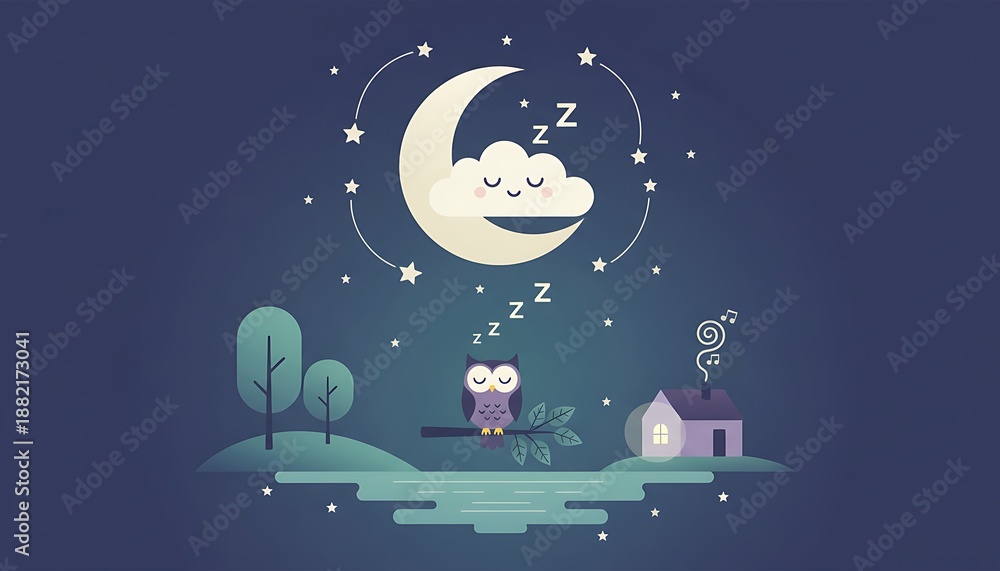 Naklejka premium Dreamy Night Scene with Cartoon Character Sleeping.