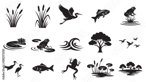 Wetland Silhouettes Collection in Simple Black Illustration on White Background for Environmental Design