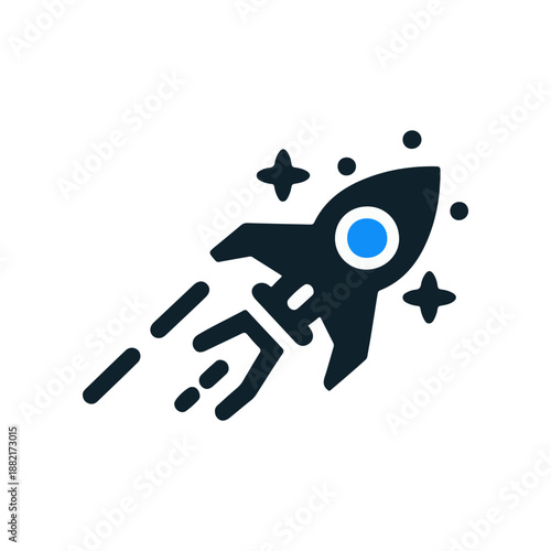 A sleek rocket ship launching into space, surrounded by stars and cosmic elements