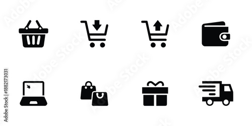 Collection of Shopping Icons Featuring Basket, Cart, Wallet, Laptop, Bags, Gift and Delivery Truck, Black and White Vector Set for E-commerce and Online Store Design, Retail Symbols