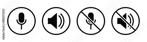 Collection of Sound Icons Set Microphone Volume Mute and No Sound Symbol Isolated on White Background Audio Speaker Silent Button Simple Vector Illustration
