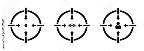 Collection of Target Icons Representing Goal Focus Precision Accuracy Aim Achievement Objective Center Targeting Vision Strategy Person and User Orientation Vector Illustration