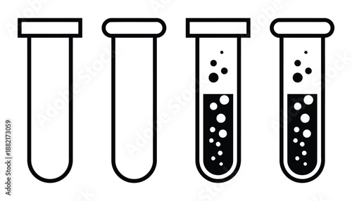 Collection of Test Tube Illustrations in Black and White Colors Laboratory Equipment for Chemistry and Science Experiment Pharmaceutical Research Medical Analysis Flask and Liquid Reaction